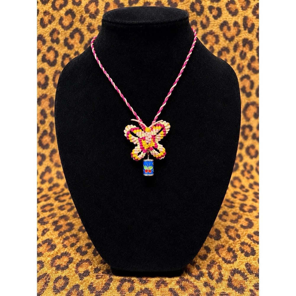 Y2K Handmade Macrame Butterfly Necklace Cloisonne Style Enamel Boho Folk Art 19"